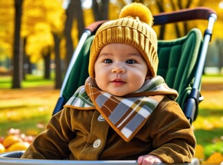 Baby enjoying a sunny autumn day in a park surrounded by colorful leaves in a stroller