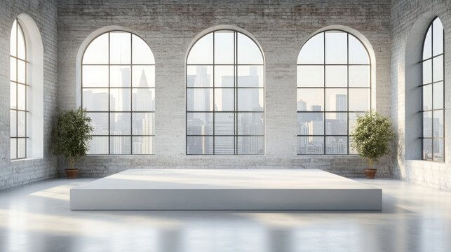 Minimalist open space with white platform, arched windows, brick walls and city view
