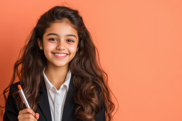 Wall Mural - happy indian school girl holding pen