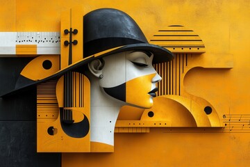 Wall Mural - abstract musical figure in yellow and black with geometric elements