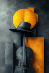 Wall Mural - abstract art with violin and hat in yellow and black tones