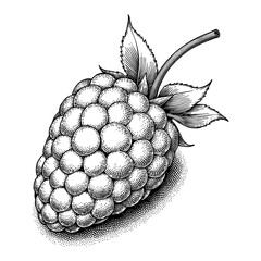 Wall Mural - raspberry with leaves detailed black and white outline line art drawing sketch engraving style