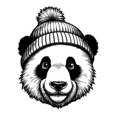 Wall Mural - cute panda head wearing beanie hat front view black and white outline line art drawing