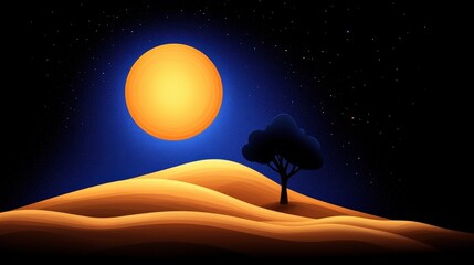 Wall Mural - Bright Sun Over Rolling Sand Dunes Under Starry Night Sky in Peaceful Landscape