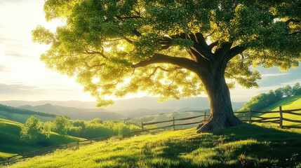 Wall Mural - majestic tree stands in a sunlit field with rolling hills and wooden fence at golden hour