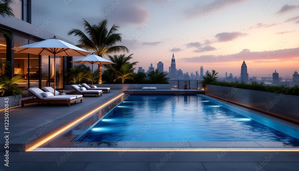 A luxurious rooftop swimming pool in a modern city setting. The pool ...