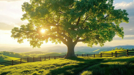 Wall Mural - majestic tree stands in a sunlit field with rolling hills and wooden fence at golden hour