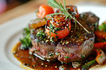 Wall Mural - close up horizontal image of a beef dish served in a fine dining restaurant