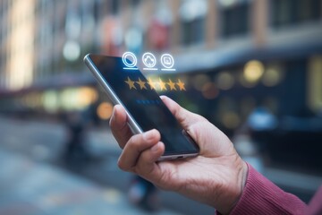 Person using smartphone displaying positive customer feedback stars