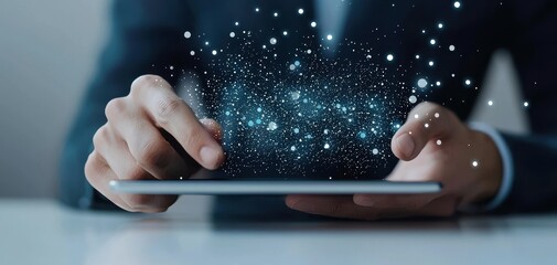 Fototapete - A person interacts with a tablet, surrounded by glowing particles, symbolizing digital innovation and connectivity.