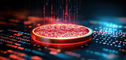 Aufkleber - A glowing, circular object emits data streams in a digital environment, showcasing a high-tech, futuristic aesthetic.