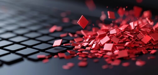 Fototapete - A close-up image of a keyboard with scattered red geometric shapes, creating a striking contrast against the dark background.