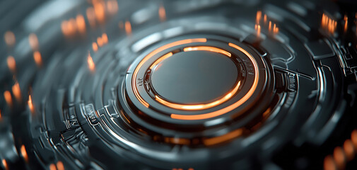 Fototapete - A futuristic, abstract design featuring a central circular element with glowing orange accents and intricate digital patterns.