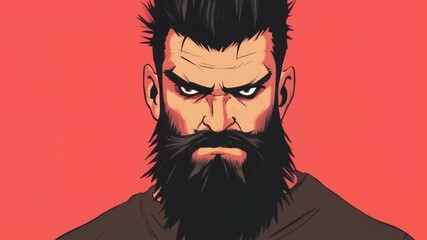 Wall Mural - Bold portrait of a fierce man with a thick beard and intense gaze against a vibrant red background