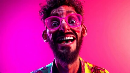 Wall Mural - A man with a vibrant floral shirt and oversized glasses expresses surprise against a colorful backdrop