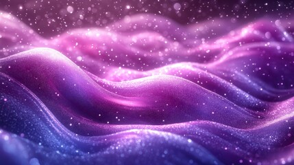 Wall Mural - Abstract purple and blue wave pattern with sparkling glitter effect. Dark background with glowing particles. Soft, dreamy mood