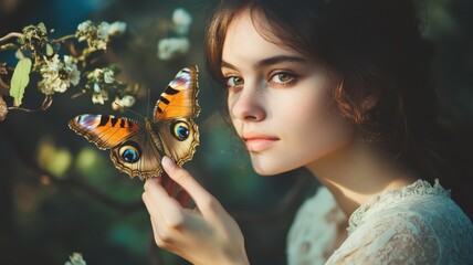 Wall Mural - A young woman gazes thoughtfully at a colorful butterfly, surrounded by soft greenery and delicate flowers, evoking a sense of beauty and connection with nature.