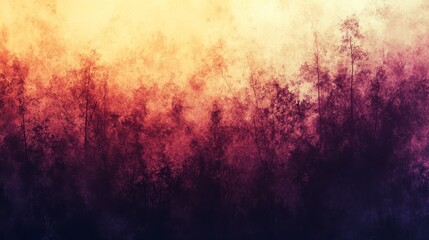 Poster - Abstract forest landscape at sunset. Warm, orange and purple hues dominate the image. Silhouetted trees are depicted against a textured, hazy sky