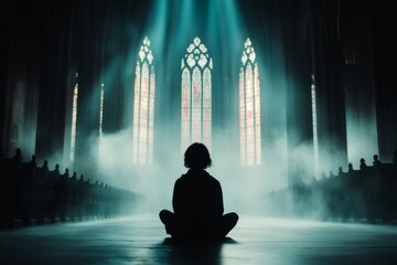 Poster - A gothic depiction of a person sitting in a vast, empty cathedral, surrounded by shadows and faint light filtering through stained glass windows, highlighting their solitary figure
