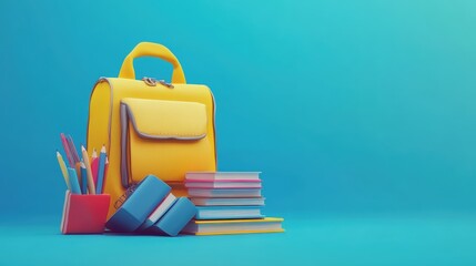 Poster - a yellow suitcase with books and pencils on a blue background