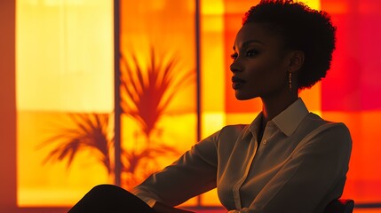 A poised Black female entrepreneur in a sleek office, illuminated by focused light with Black History Month colors subtly included in the backdrop