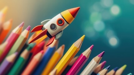 Poster - a toy rocket is sitting on top of a pile of colored pencils