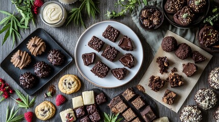 Wall Mural - A flat lay of cannabis-infused desserts, including brownies, cookies, and truffles. digital