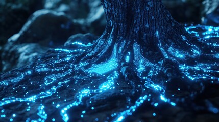 Poster - Glowing Circuit Tree Roots on Dark Ground with Blue Lights in a Futuristic Scene