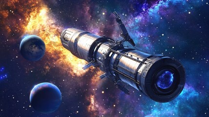 Spacecraft in deep space with distant planets and a vibrant nebula in the background