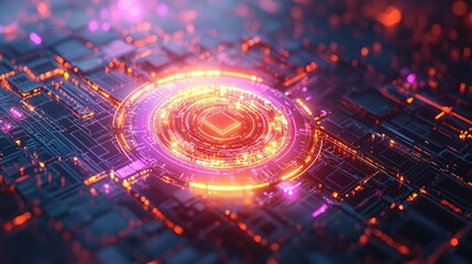 Leinwandbilder - Glowing circuit board with central light ring and square detail in a futuristic design