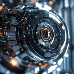Aufkleber - Complex metallic structure with glowing orange elements and a reflective surface in a dark space