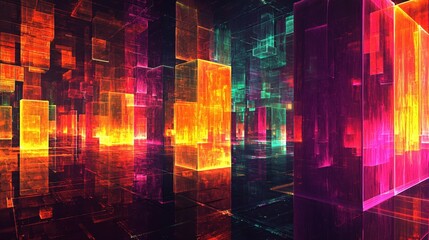 Poster - Abstract city with glowing blocks in vibrant colors creating a futuristic and dynamic scene
