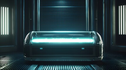 Aufkleber - Futuristic container with glowing light in a dark metallic room with grid floor and walls