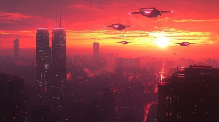 Poster - Futuristic cityscape at sunset with flying vehicles and tall buildings in red and orange light