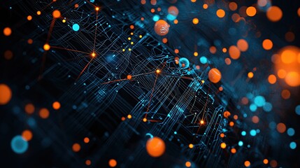 Fototapete - Abstract network with glowing nodes and connections in orange and blue on dark background