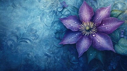 Wall Mural - Artistic close-up of a purple clematis flower with dewdrops, surrounded by a textured blue floral background