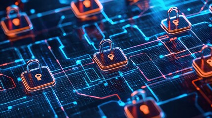 Fototapete - Secure Network With Padlocks On Circuit Board Digital Protection Security Concept