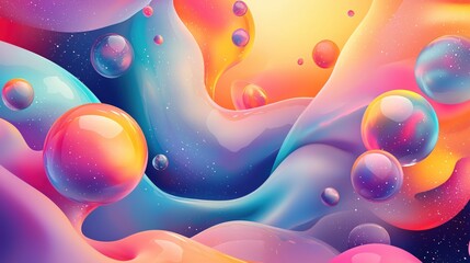 Fototapete - Abstract flowing shapes and transparent spheres in vibrant colors with a cosmic feel