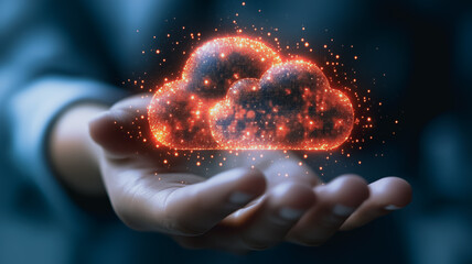 Wall Mural - cloud computing concept: a hand outstretched, delicately cradling a glowing, multifaceted cloud symb