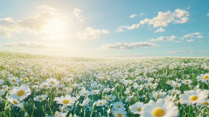 Wall Mural - Endless field of daisies in full bloom, blending seamlessly into a clear, sunny horizon