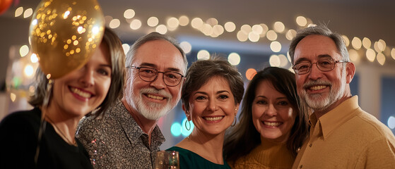 group of smiling friends celebrating at festive gathering with balloons