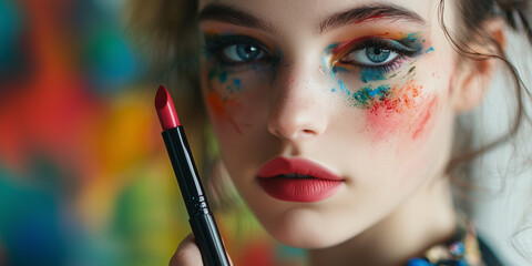 Aufkleber - woman with bold, colorful makeup holds lipstick, expressing creativity