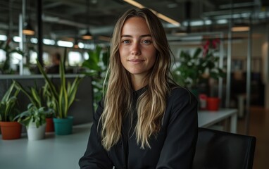 Wall Mural - Open-plan office with a young professional woman in a black business suit working at a sleek white desk. The background features minimalist metal shelving, vibrant potted plants