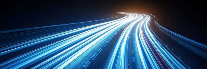 Wall Mural - Blurred White And Blue Streaks Of Headlights Flowing Smoothly Down A Dark Empty Highway.