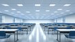 © Tyrah - Modern classroom interior with rows of desks and chairs, bright lighting, and minimal decor