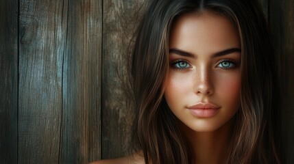 Close-up portrait of a beautiful young woman with long dark hair and stunning blue eyes set against a rustic wooden background in warm tones.