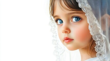 Sticker - Young girl with blue eyes and delicate features wearing a lace veil, captured in a serene portrait against a bright white background.