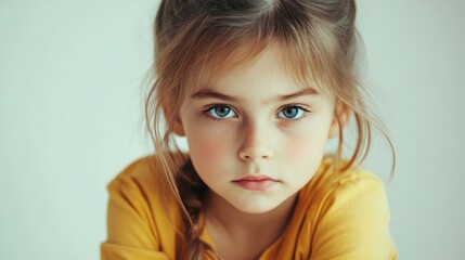 Wall Mural - Portrait of a focused 7-year-old girl with blue eyes and light brown hair wearing a yellow shirt against a soft neutral background.