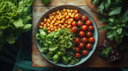 Canvas Print - Freshly harvested vegetables including corn, tomatoes, and greens arranged in a bowl on a wooden table