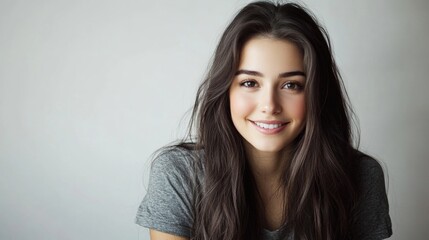 Poster - Stylish young adult woman with long brown hair smiling sincerely in grey t-shirt against soft white studio background capturing natural beauty and confidence